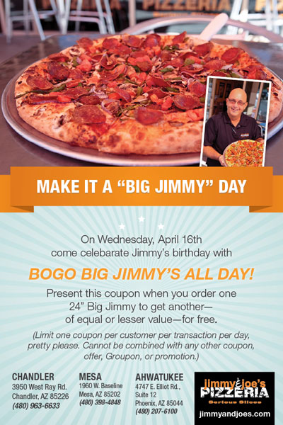Post image for Jimmy & Joe’s celebrates with 2-for-1 pizza deal Wednesday