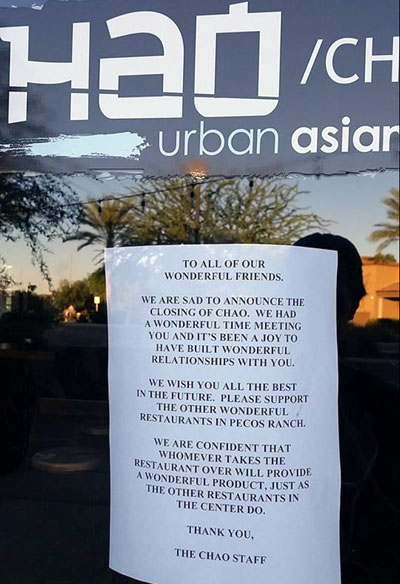 Post image for Chao Urban Asian Eatery closes in Chandler after less than 10 months