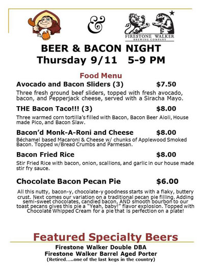 Post image for Here’s the menu for Hungry Monk’s monthly Beer & Bacon Night on Thursday