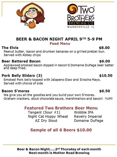 Post image for Tonight: Hungry Monkâ€™s monthly Beer & Bacon Night to feature Two Brothers ales